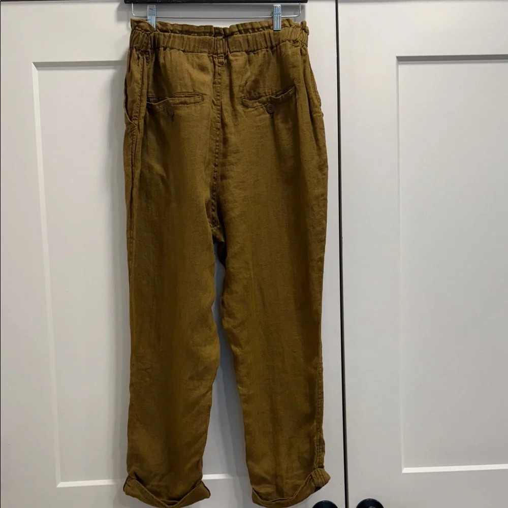 Free People paper bag high waisted Brown Pants 100% linen cuffed hem large - Picture 6 of 12
